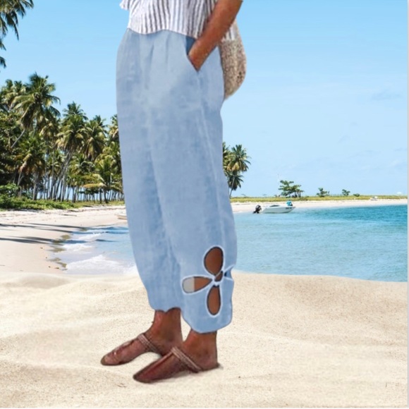 Macy’s Pants - Beach Tide Pants, High-Rise with a 70’s Vibe Flower-Cutout, S, Light Blue